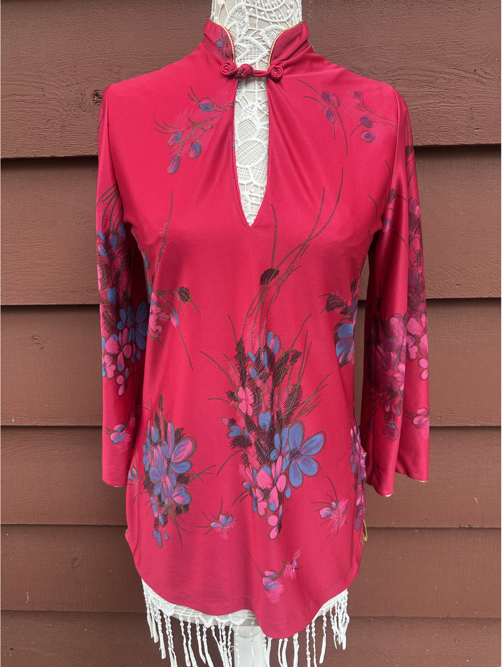 Vintage Inspired Floral Mandarin Collar Blouse Pink Purple Retro Glam Fair